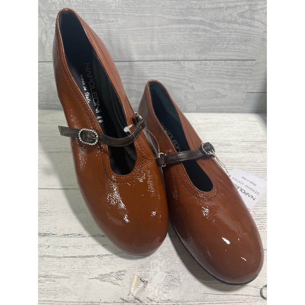Napoleoni Italian Cognac Patent Leather Mary Jane Flats Rhinestone Buckle SZ 37 - Picture 7 of 7